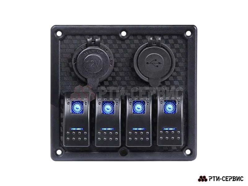 Панель из 4 переключателей с разъёмами 12V (прикуриватель), 2 USB (2.1A + 1A)