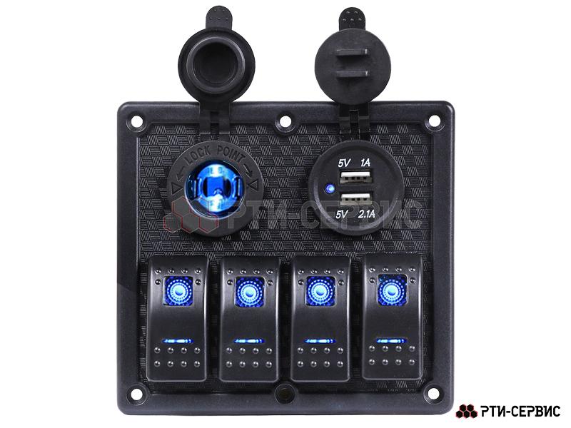 Панель из 4 переключателей с разъёмами 12V (прикуриватель), 2 USB (2.1A + 1A) - фото 2