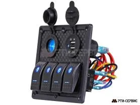 Панель из 4 переключателей с разъёмами 12V (прикуриватель), 2 USB (2.1A + 1A) - фото 3